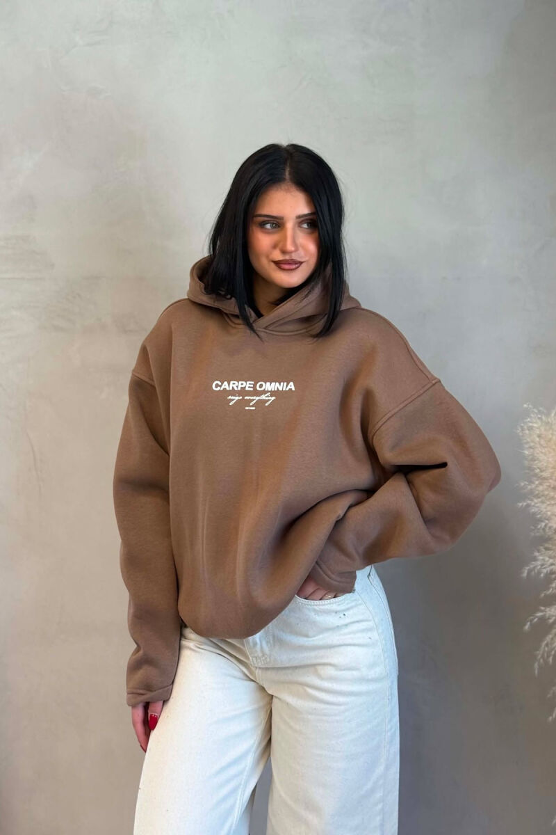 FLUFFY FRONT & BACK WRITTINGS WOMAN HOODIE BROWN/KAFE - 3