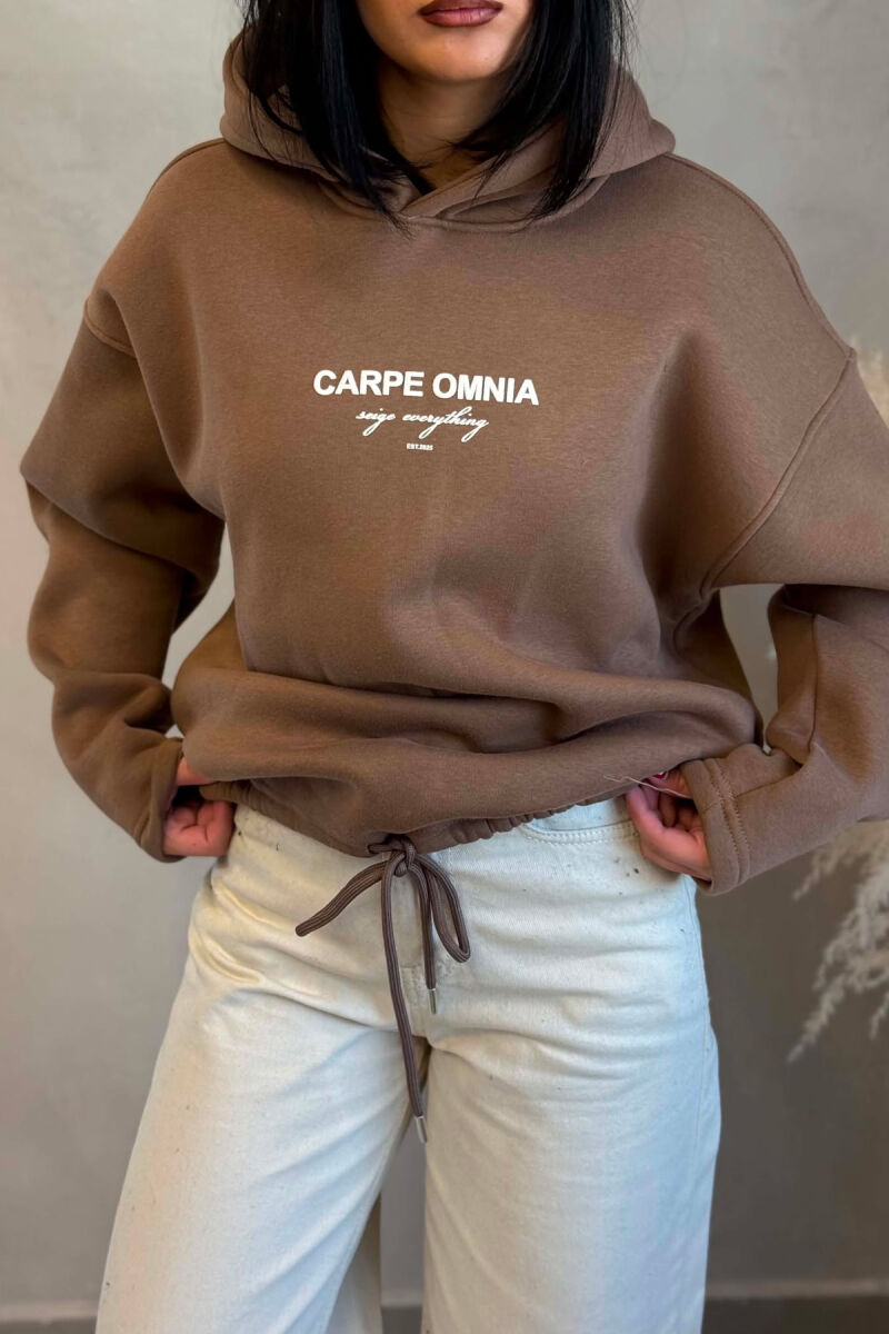 FLUFFY FRONT & BACK WRITTINGS WOMAN HOODIE BROWN/KAFE - 6