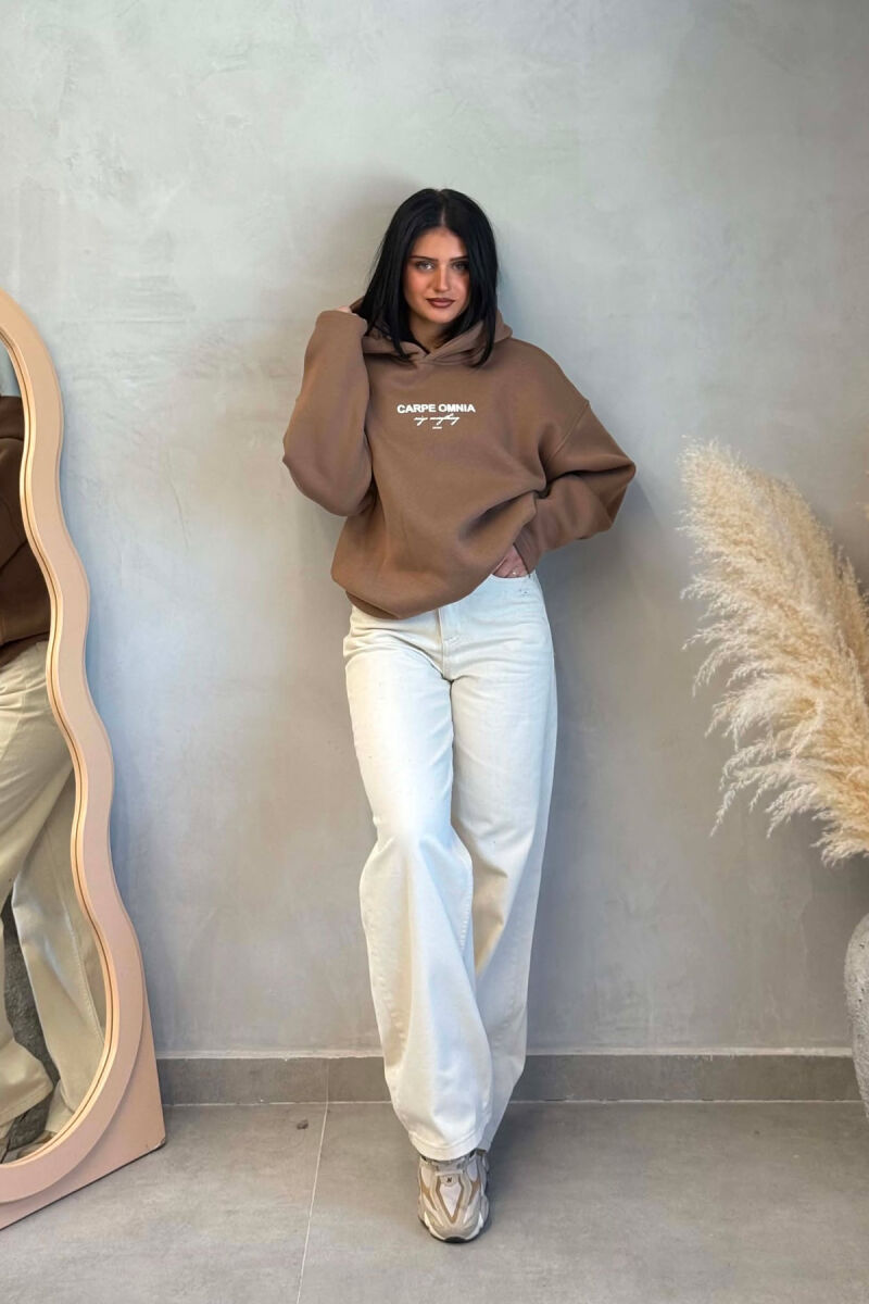 FLUFFY FRONT & BACK WRITTINGS WOMAN HOODIE BROWN/KAFE - 7