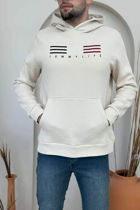 FLUFFY FRONT LOGO MEN HOODIE BEIGE/BEZHE - KLAUDIO FASHION