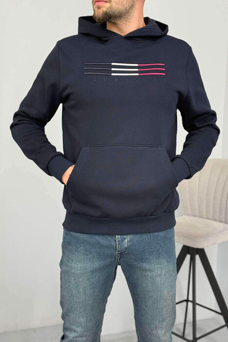 FLUFFY FRONT LOGO MEN HOODIE DARK BLUE/BEE - 1