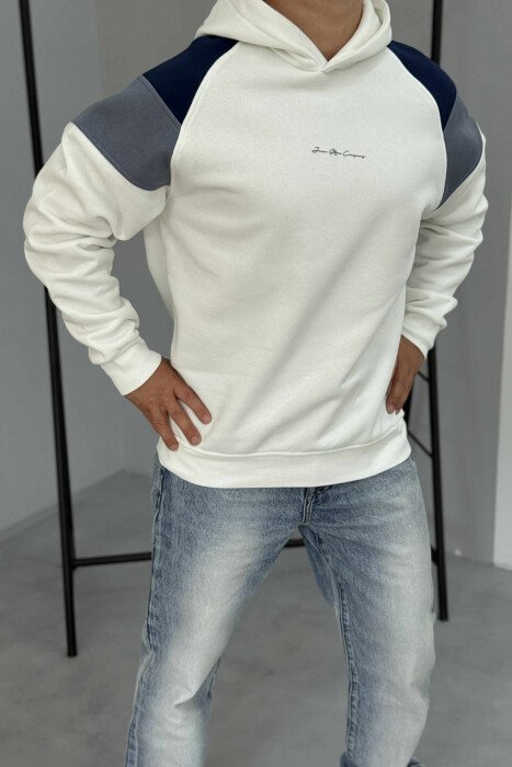 FLUFFY FRONT SIMPLE WRITTING MEN HOODIE WHITE-E BARDHE - 2