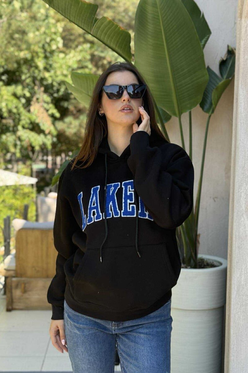 FLUFFY FRONT WRITTING ONE COLOR WOMEN HOODIE BLACK/ E ZEZE - 3