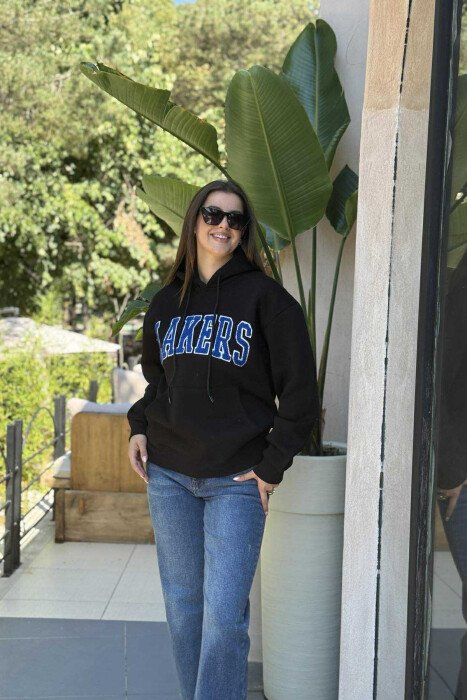 FLUFFY FRONT WRITTING ONE COLOR WOMEN HOODIE BLACK/ E ZEZE 