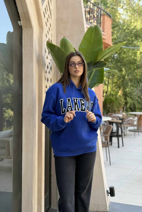 FLUFFY FRONT WRITTING ONE COLOR WOMEN HOODIE BLUE/BLU 