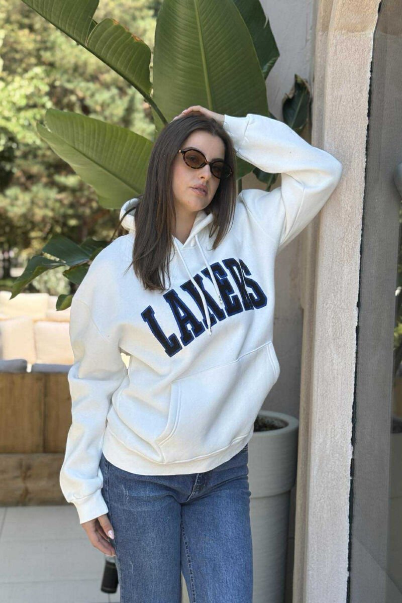 FLUFFY FRONT WRITTING ONE COLOR WOMEN HOODIE CREAM/KREM - 2