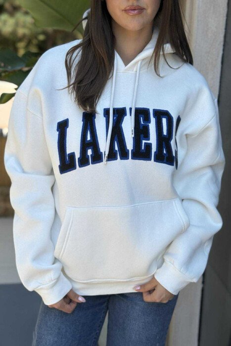 FLUFFY FRONT WRITTING ONE COLOR WOMEN HOODIE CREAM/KREM - 4
