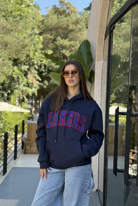 FLUFFY FRONT WRITTING ONE COLOR WOMEN HOODIE DARK BLUE/BEE - 1