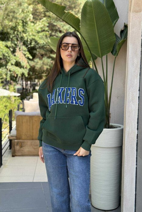 HOODIE ME PUSH NJËNGJYRËSHE DHE ME SHKRIM PARA PËR FEMRA NË NGJYRËN JESHILE 