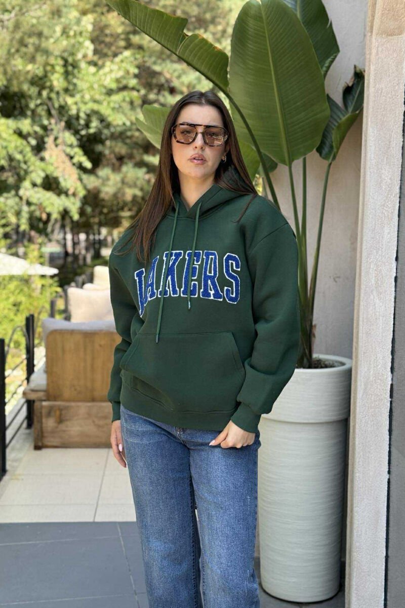 FLUFFY FRONT WRITTING ONE COLOR WOMEN HOODIE GREEN/JESHILE - 1