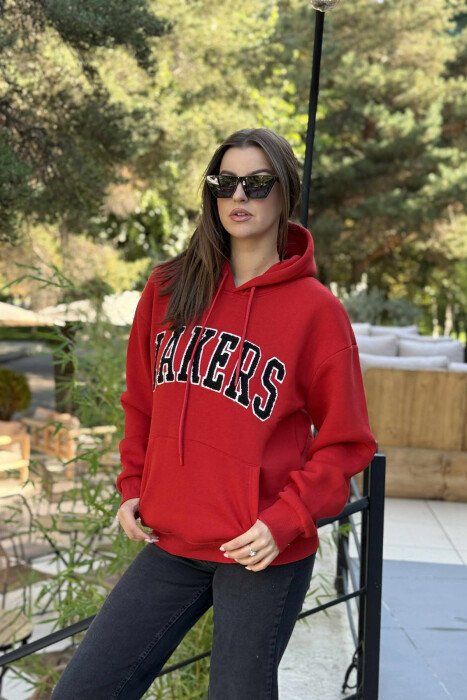 FLUFFY FRONT WRITTING ONE COLOR WOMEN HOODIE RED/E KUQE 