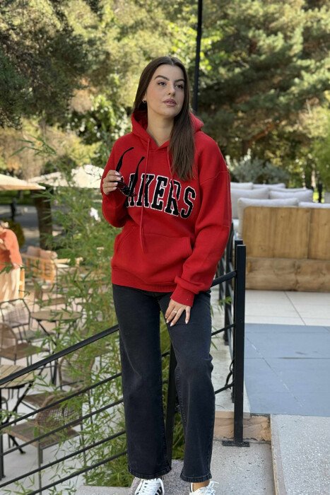 FLUFFY FRONT WRITTING ONE COLOR WOMEN HOODIE RED/E KUQE - 3