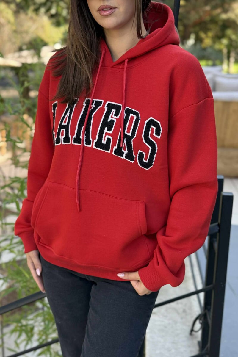 FLUFFY FRONT WRITTING ONE COLOR WOMEN HOODIE RED/E KUQE - 4