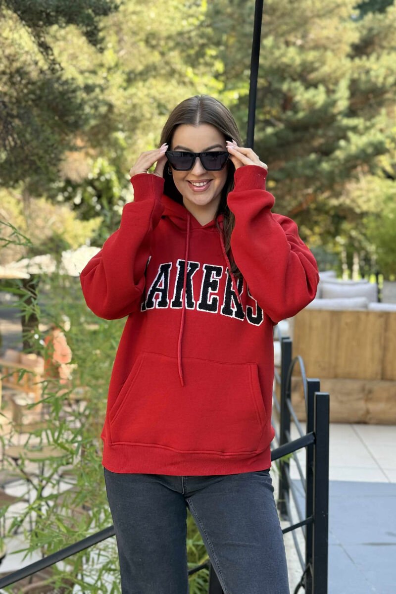 FLUFFY FRONT WRITTING ONE COLOR WOMEN HOODIE RED/E KUQE - 2