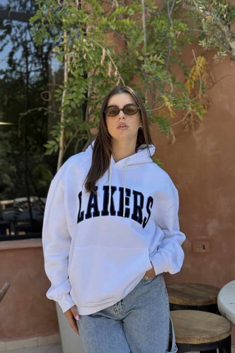 FLUFFY FRONT WRITTING ONE COLOR WOMEN HOODIE WHITE-E BARDHE - 2