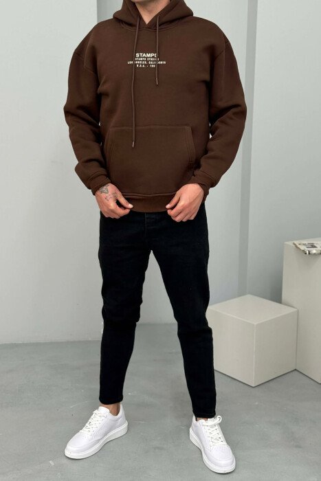 FLUFFY FRONT WRITTINGS MEN HOODIE DARK BROWN/KAE - 
