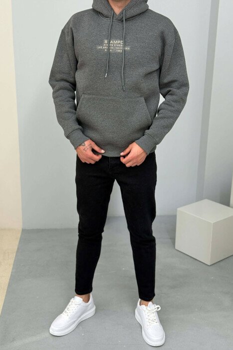 FLUFFY FRONT WRITTINGS MEN HOODIE DARK GREY/GEE - 