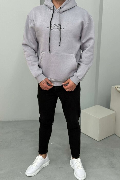 FLUFFY FRONT WRITTINGS MEN HOODIE GREY-PURPLE/GRLE - 
