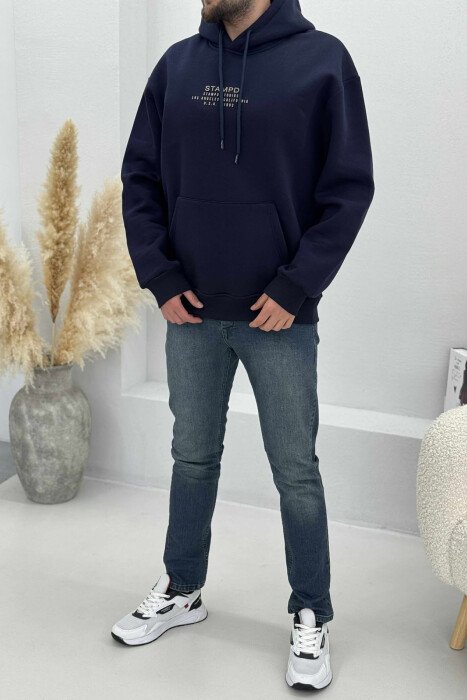 FLUFFY FRONT WRITTINGS MEN HOODIE DARK BLUE/BEE - 1