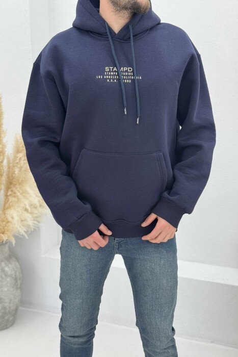 FLUFFY FRONT WRITTINGS MEN HOODIE DARK BLUE/BEE - 2