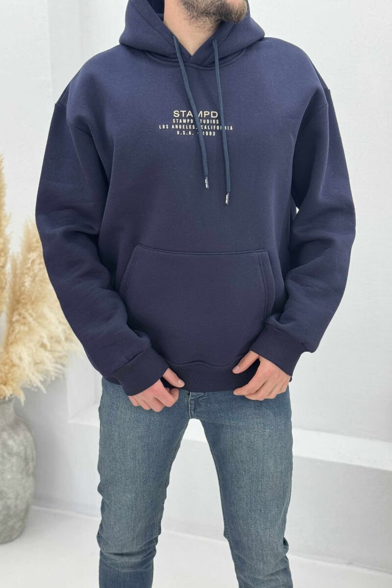 FLUFFY FRONT WRITTINGS MEN HOODIE DARK BLUE/BEE - 2