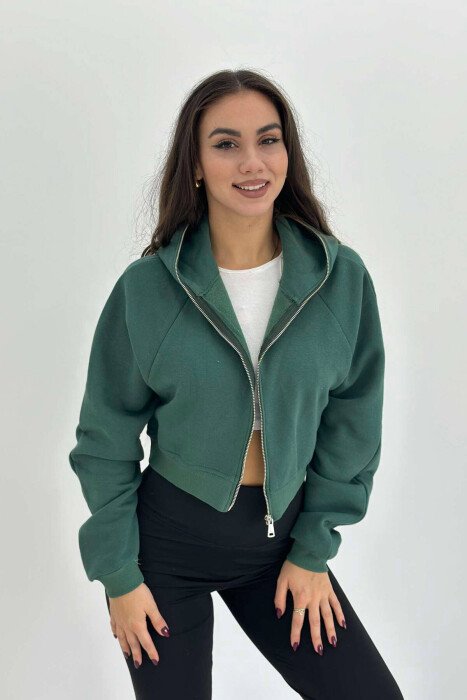 XHAKETË HOODIE E SHKURTËR ME PUSH PËR FEMRA NË NGJYRËN JESHILE - KLAUDIO FASHION