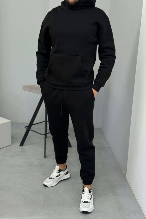 FLUFFY ONE COLOR HOODIE+JOGGERS MEN SET BLACK/ E ZEZE 