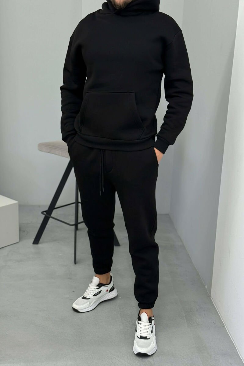 FLUFFY ONE COLOR HOODIE+JOGGERS MEN SET BLACK/ E ZEZE - 1