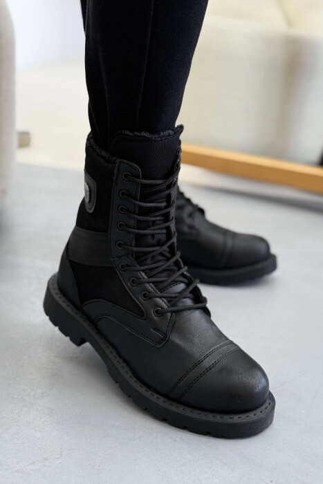 FLUFFY LACING LEATHER MEN ANKLE BOOTS BLACK/ E ZEZE - KLAUDIO FASHION