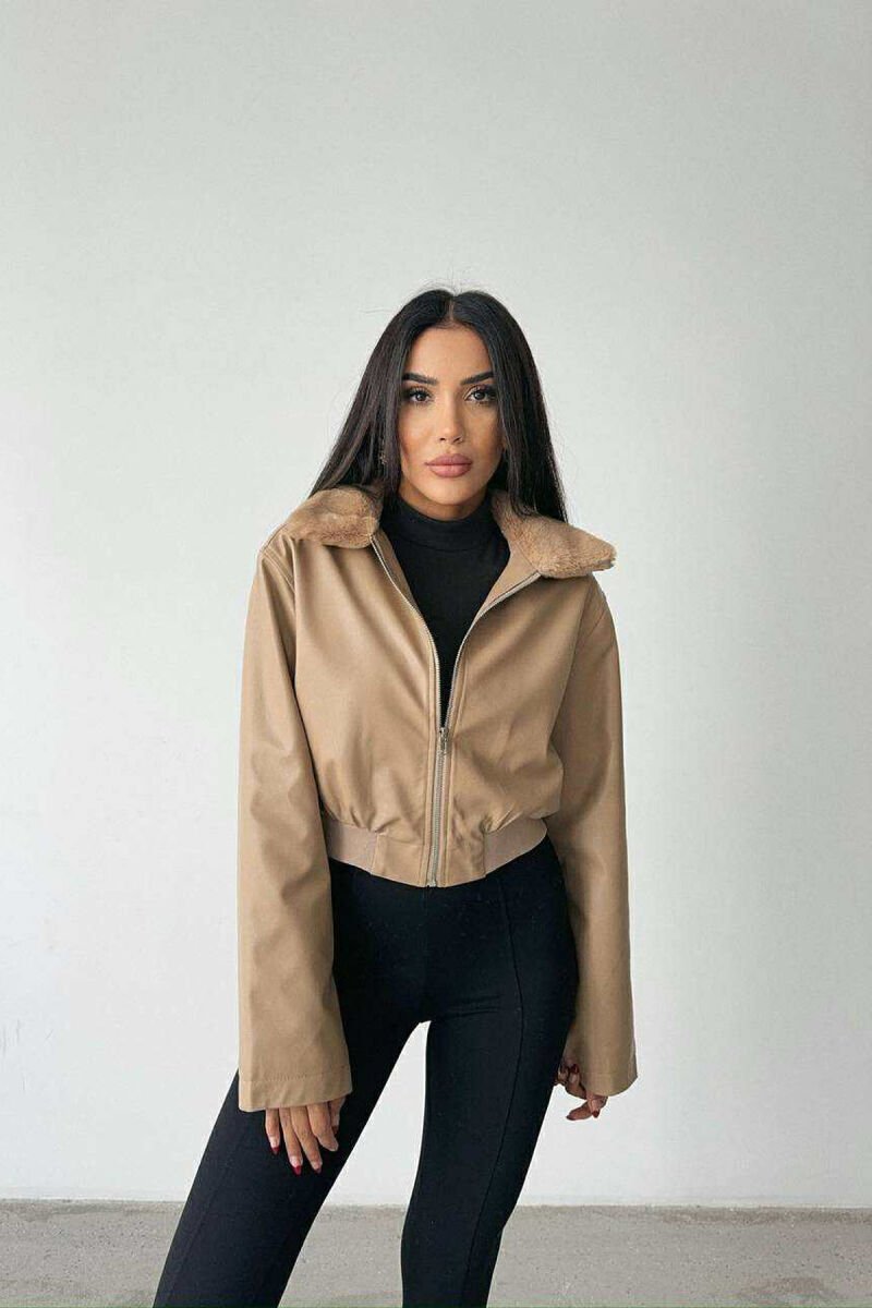 FLUFFY NECK CROPPED LEATHER WOMEN JACKET BEIGE/BEZHE - 2