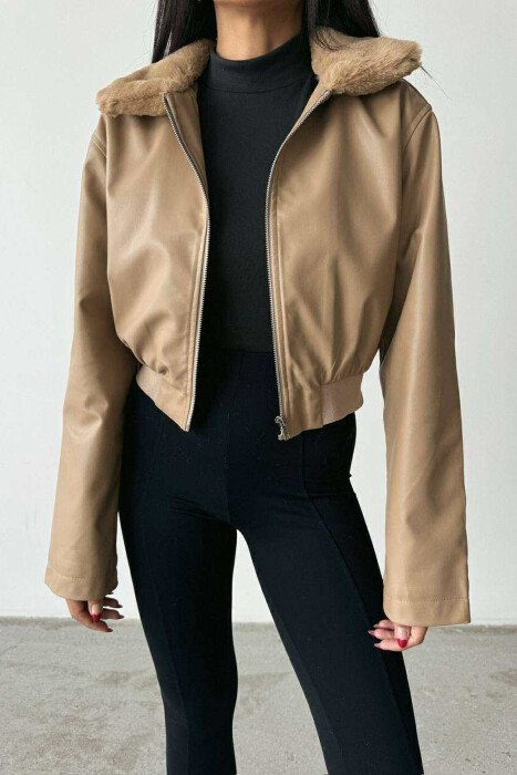FLUFFY NECK CROPPED LEATHER WOMEN JACKET BEIGE/BEZHE - 1