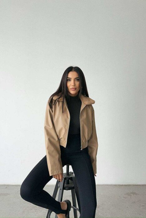 FLUFFY NECK CROPPED LEATHER WOMEN JACKET BEIGE/BEZHE - 3