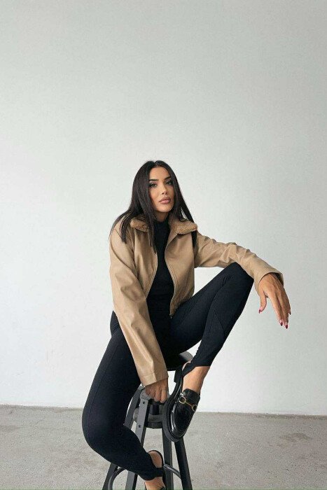 FLUFFY NECK CROPPED LEATHER WOMEN JACKET BEIGE/BEZHE - 4