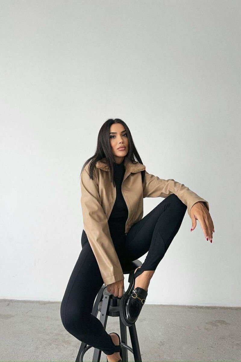FLUFFY NECK CROPPED LEATHER WOMEN JACKET BEIGE/BEZHE - 4
