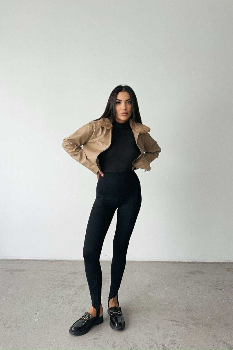 FLUFFY NECK CROPPED LEATHER WOMEN JACKET BEIGE/BEZHE - 5