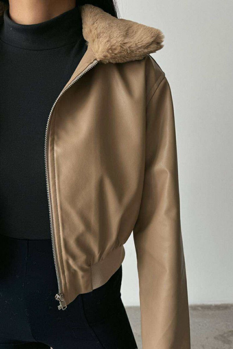 FLUFFY NECK CROPPED LEATHER WOMEN JACKET BEIGE/BEZHE - 6