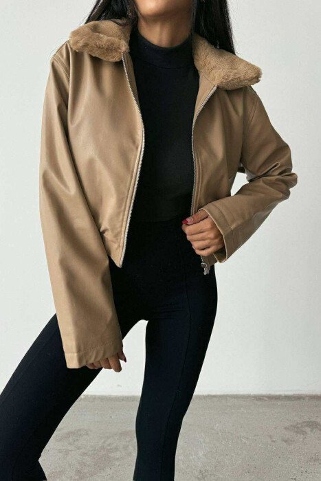 FLUFFY NECK CROPPED LEATHER WOMEN JACKET BEIGE/BEZHE - 7