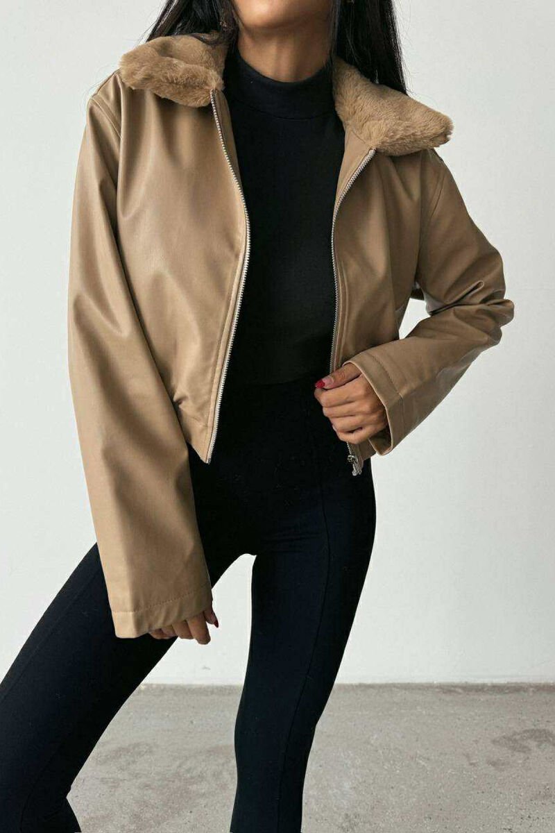 FLUFFY NECK CROPPED LEATHER WOMEN JACKET BEIGE/BEZHE - 7
