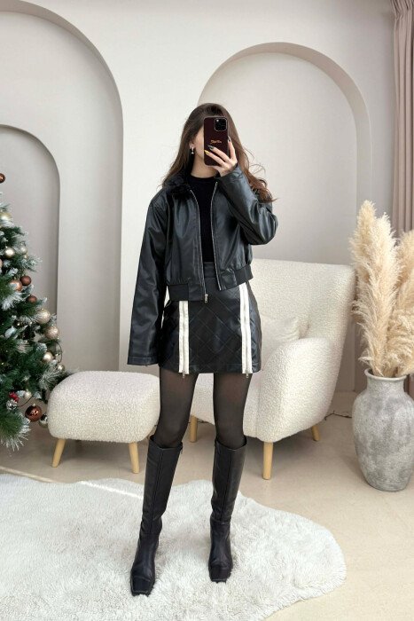 FLUFFY NECK CROPPED LEATHER WOMEN JACKET BLACK/ E ZEZE - 2