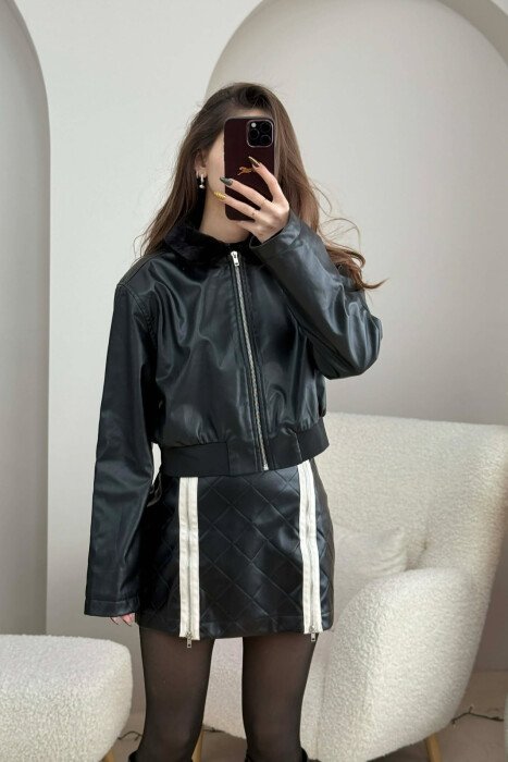 FLUFFY NECK CROPPED LEATHER WOMEN JACKET BLACK/ E ZEZE - 4