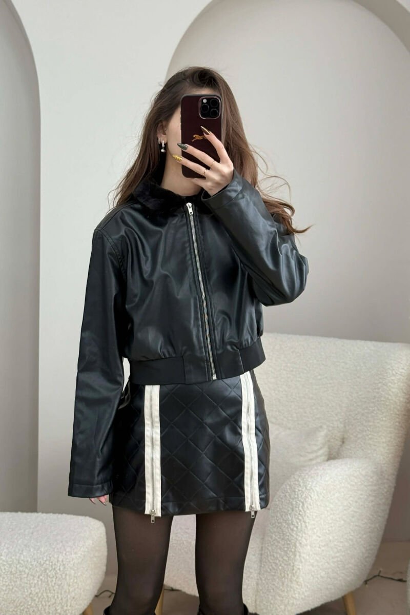 FLUFFY NECK CROPPED LEATHER WOMEN JACKET BLACK/ E ZEZE - 4