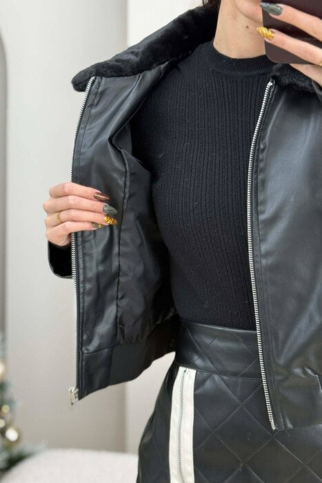 FLUFFY NECK CROPPED LEATHER WOMEN JACKET BLACK/ E ZEZE - 3