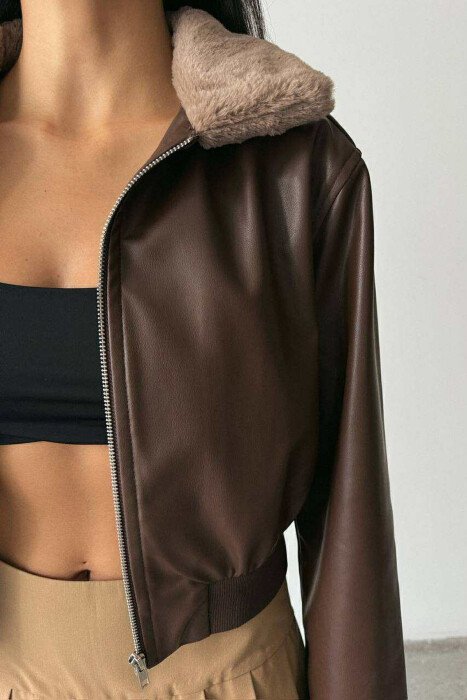 FLUFFY NECK CROPPED LEATHER WOMEN JACKET BROWN/KAFE 