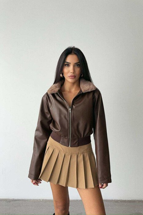 FLUFFY NECK CROPPED LEATHER WOMEN JACKET BROWN/KAFE - 2