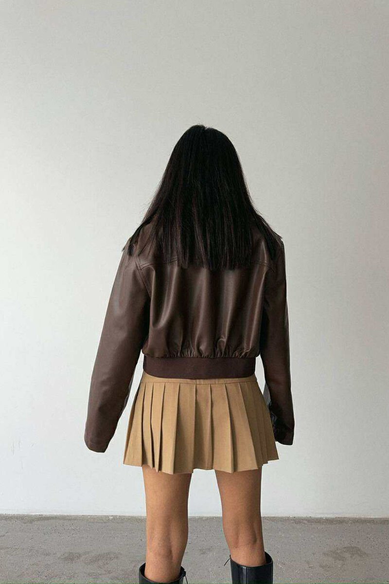 FLUFFY NECK CROPPED LEATHER WOMEN JACKET BROWN/KAFE - 4