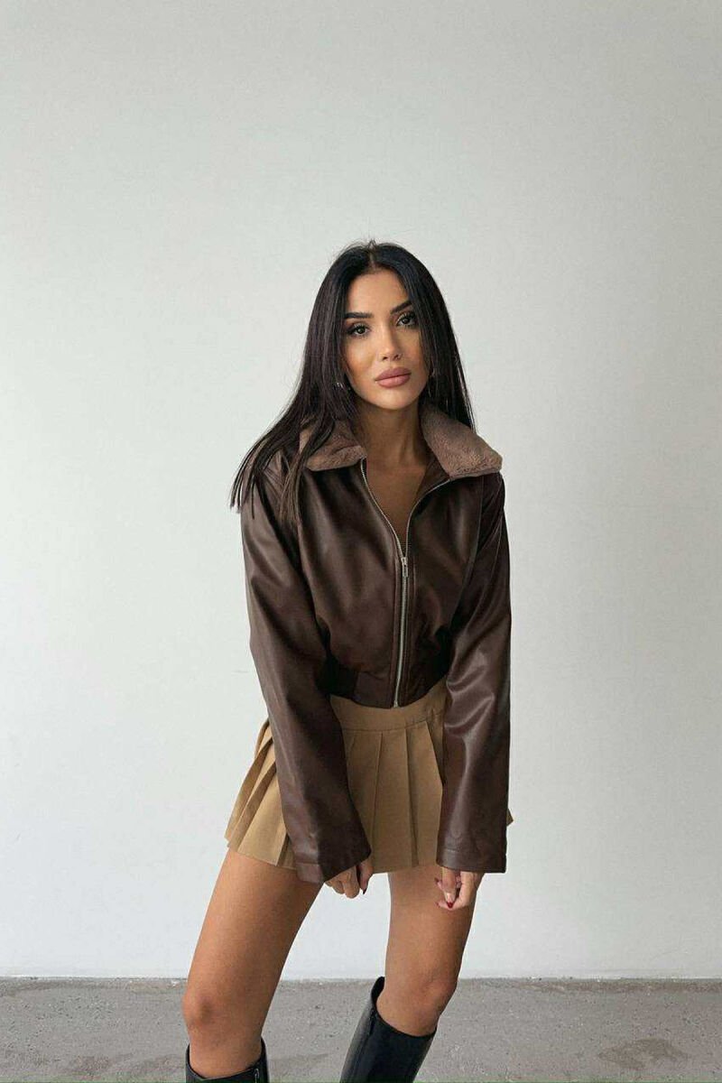 FLUFFY NECK CROPPED LEATHER WOMEN JACKET BROWN/KAFE - 5