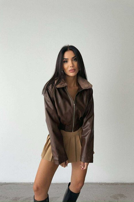 FLUFFY NECK CROPPED LEATHER WOMEN JACKET BROWN/KAFE - 6