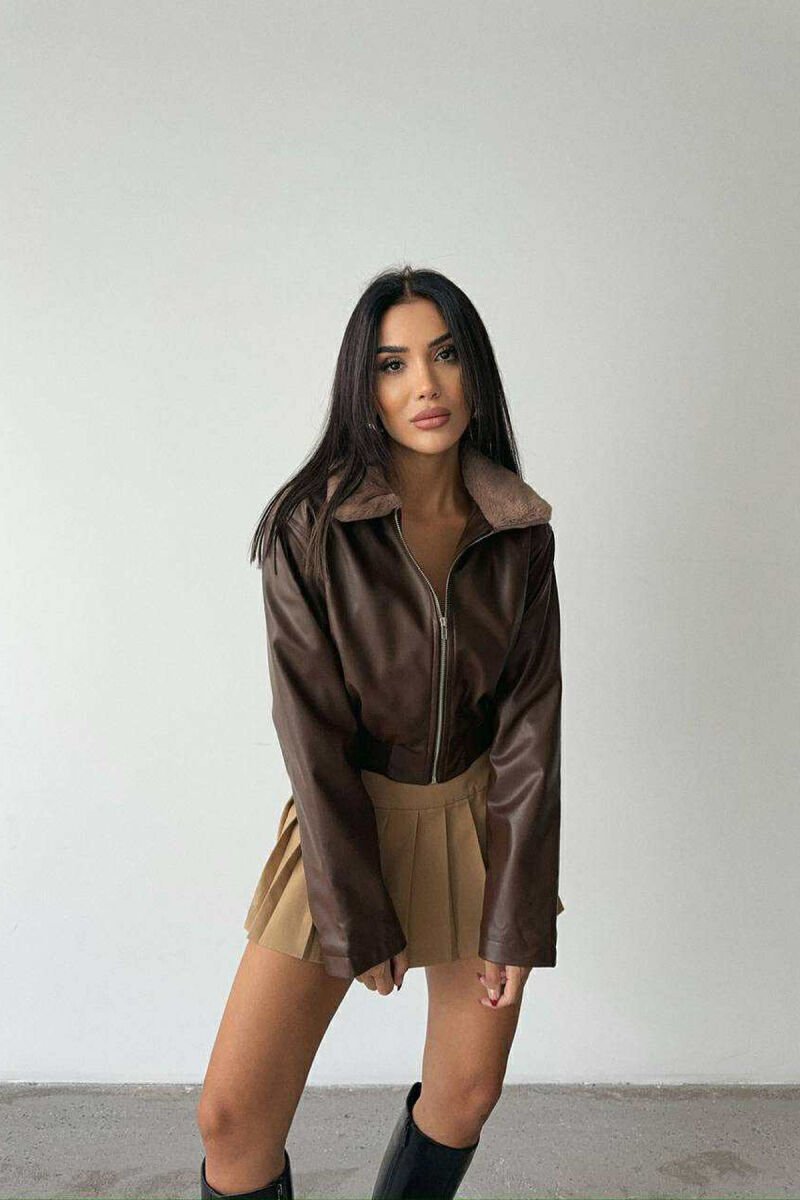 FLUFFY NECK CROPPED LEATHER WOMEN JACKET BROWN/KAFE - 6
