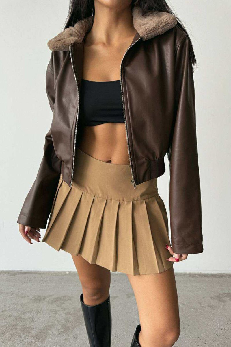 FLUFFY NECK CROPPED LEATHER WOMEN JACKET BROWN/KAFE - 7