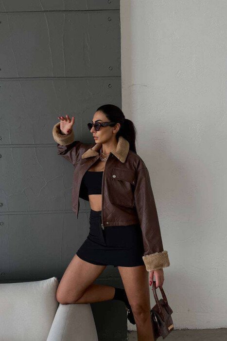 FLUFFY NECK ONE POCKET LEATHER WOMAN JACKET BROWN/KAFE - 3